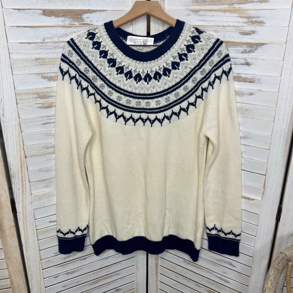 AMOUR VERT Women's XL Whistler Nordic Fair Isle Ribbed Knit Sweater Navy Cream - Picture 2 of 13